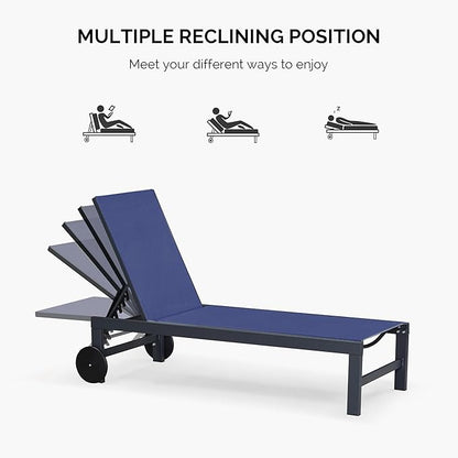 PURPLE LEAF Outdoor Chaise Lounge with Wheels for Outside Aluminum 4 Pieces Patio Lounge Chair with 5 Adjustable Position Recliner for Patio Beach Yard Pool Side Table Included Navy Blue