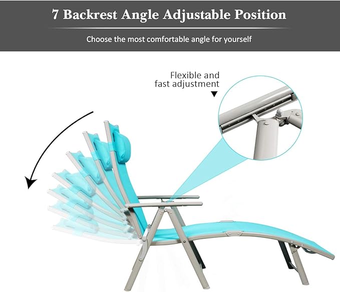 COSTWAY Outdoor Folding Chaise Lounge Chair, Lightweight 7-Gear Adjustable Recliner with Neck Pillow, No Assembly - Photo 7