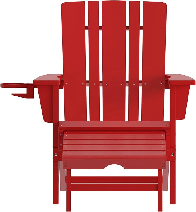 Flash Furniture Halifax Poly Resin Adirondack Chair with Cup Holder and Pull Out Ottoman, All-Weather Poly Resin Indoor/Outdoor Lounge Chair, Set of 2, Red