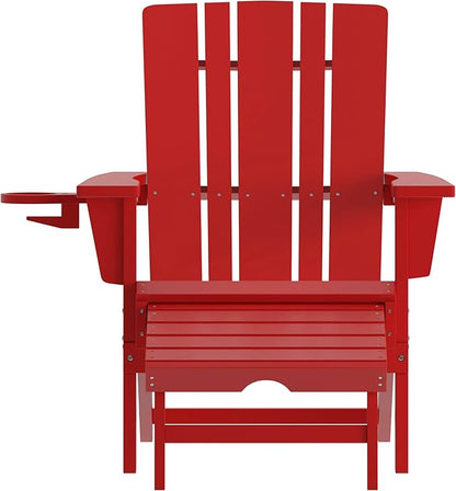 Flash Furniture Halifax Poly Resin Adirondack Chair with Cup Holder and Pull Out Ottoman, All-Weather Poly Resin Indoor/Outdoor Lounge Chair, Set of 2, Red