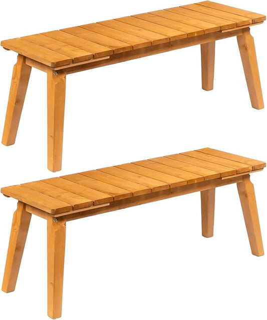 VINGLI Outdoor Wooden Bench, 45” 2-Person Backless Dining Bench, Weatherproof Outdoor Patio Bench for Porch Entryway Garden (2, Teak)