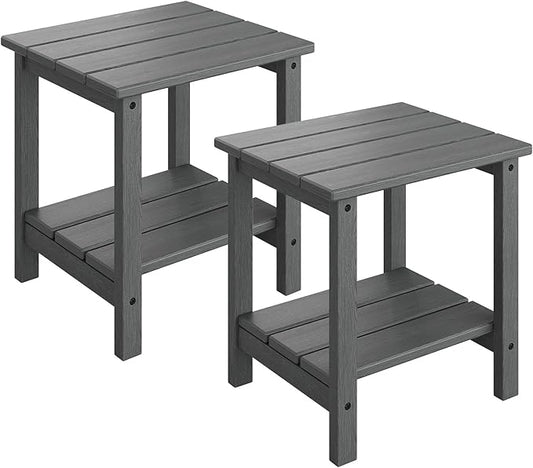 GarveeLife Outdoor Side Table 2-Tier, 18 in HDPE All Weather Resistant Patio Side Tables for Outside, End Table for Patio Pool Deck Indoor Backyard, Grey-2Pcs