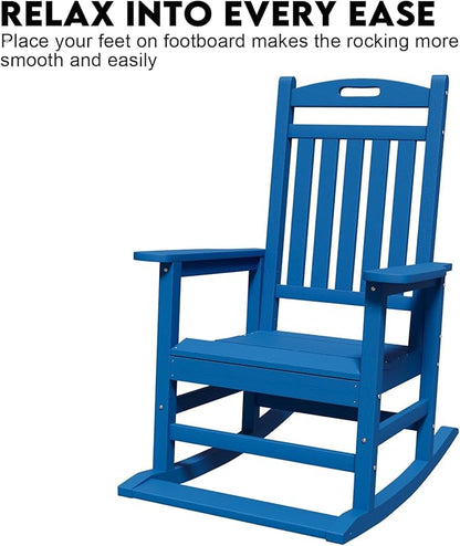PLUUV Outdoor Rocking Chair, HDPE Patio Rocking Chairs with Footboard, All Weather Porch Rockers Outdoor for Adult, Navy