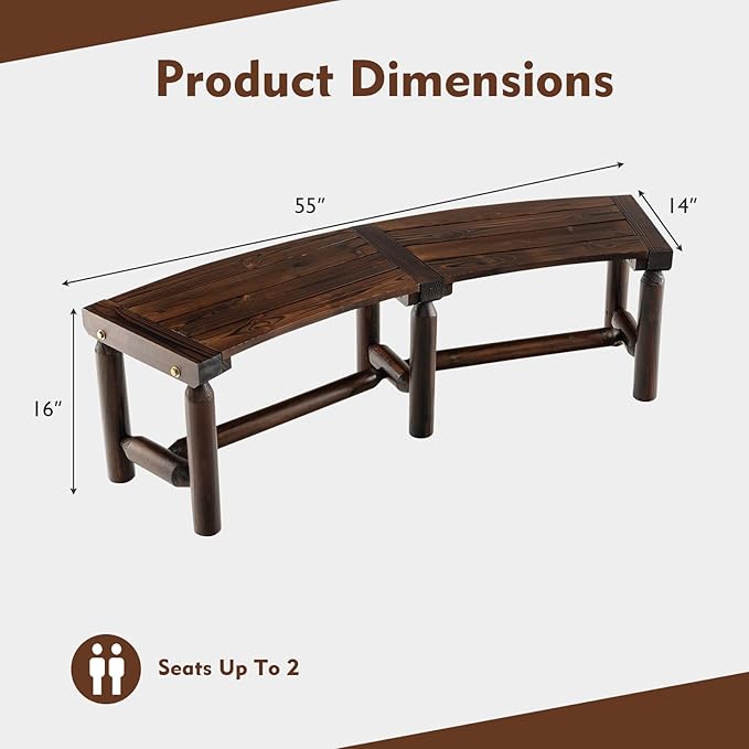 Tangkula Patio Curved Bench, Carbonized Wood Dining Bench, Spacious & Slatted Seat, 710 LBS Max Load, 2-Person Wood Fire Pit Bench for Backyard, Garden, Porch