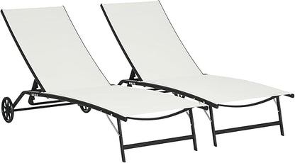 Outsunny Chaise Lounge Outdoor, 2 Piece Lounge Chair with Wheels, Tanning Chair with 5 Adjustable Positions for Patio, Beach, Yard, Pool, Cream White