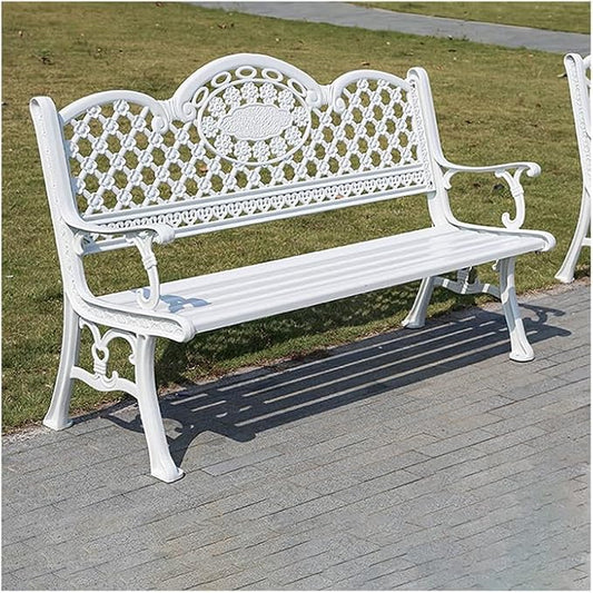 Outdoor Bench Chair Cast Aluminum Park Bench Large All Weather Metal Garden Bench for Backyard Porch Lawn (155cm White Bench)