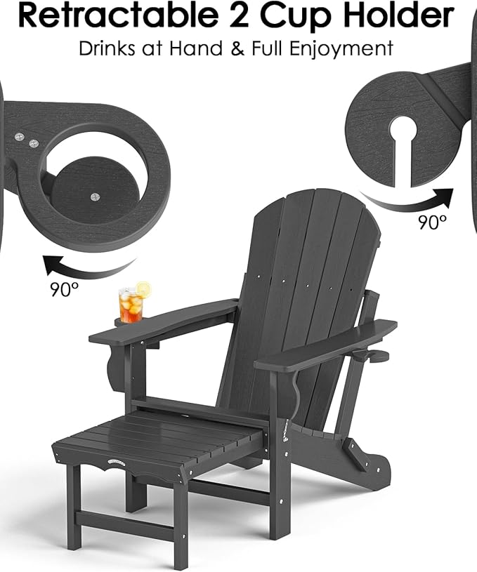 Folding Adirondack Chair with Ottoman, Recyclable HDPE Adirondack Patio Chair with 2 Cup Holder, Outdoor Fire Pit Chairs with Pull Out Footrest, Weather Resistant for Garden, Deck, Poolside, Grey