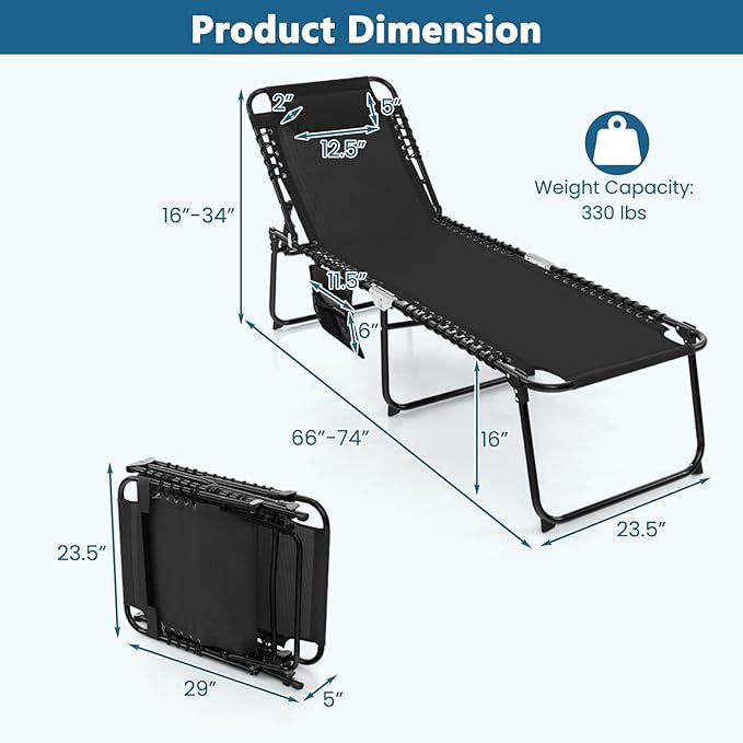 Giantex Patio Lounge Chairs for Outside - Folding Tanning Chair w/Headrest, 4 Adjustable Positions, Side Pocket, Outdoor Chaise Lounge for Camping, Pool, Sunbathing Beach Chair, Black