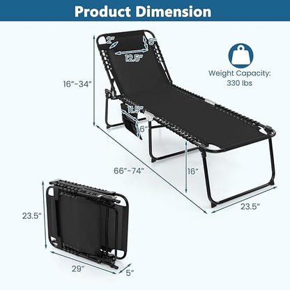 Giantex Patio Lounge Chairs for Outside - Folding Tanning Chair w/Headrest, 4 Adjustable Positions, Side Pocket, Outdoor Chaise Lounge for Camping, Pool, Sunbathing Beach Chair, Black
