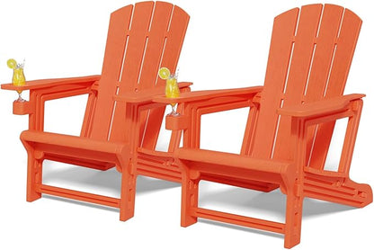 Adirondack Chairs Set of 2,Adirondack Chair with Cup Holder,Wooden Textured Plastic Fire Pit Chair,All-Weather Outdoor Patio Chairs for Lawn,Backyard Deck, Porch,400LBS Heavy-Duty,Orange