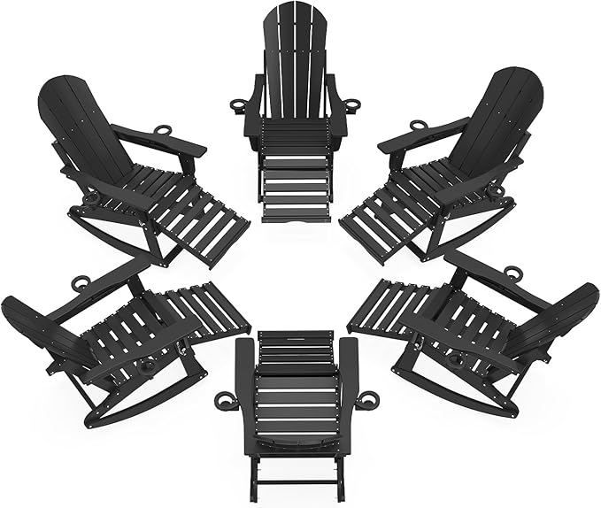 Adirondack Rocking Chairs Set of 6 with Retractable Ottoman, All Weather Folding Adirondack Chair with Two Cup Holders, Adirondack Outdoor Rocking Chairs for Porch, Patio, Balcony. Black