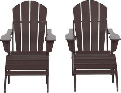 WestinTrends Malibu Outdoor Lounge Chair Set, 4-Pieces Adirondack Chair Set of 2 with Ottoman, All Weather Poly Lumber Patio Lawn Folding Chair for Outside Pool Beach, Dark Brown