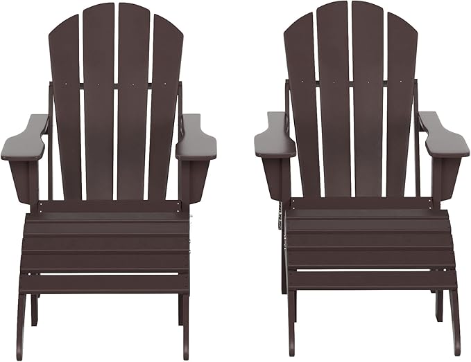 WestinTrends Malibu Outdoor Lounge Chair Set, 4-Pieces Adirondack Chair Set of 2 with Ottoman, All Weather Poly Lumber Patio Lawn Folding Chair for Outside Pool Beach, Dark Brown
