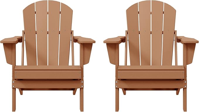 Costaelm Folding Patio Chairs Set of 2, Hdpe Adirondack Chairs Front Porch Furniture Outdoor Seating, All Weather Tanning Chair for Backyard Firepit Garden Lawn, Teak