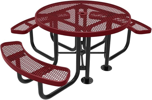 COATEDOUTDOORFURNITURE Heavy-Duty Portable ADA-Compliant Outdoor Picnic Table with Umbrella Hole, Expanded Metal Patio Dining Furniture Made in America (46" Round Top, Burgundy)