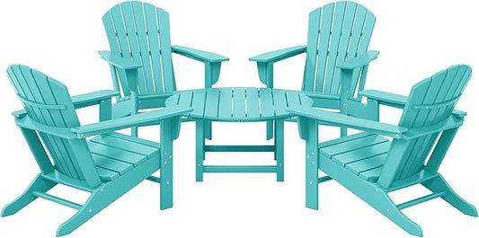 WestinTrends Dylan 5-Piece Outdoor Patio HDPE Adirondack Chair with Round Coffee Table Conversation Set, Turquoise