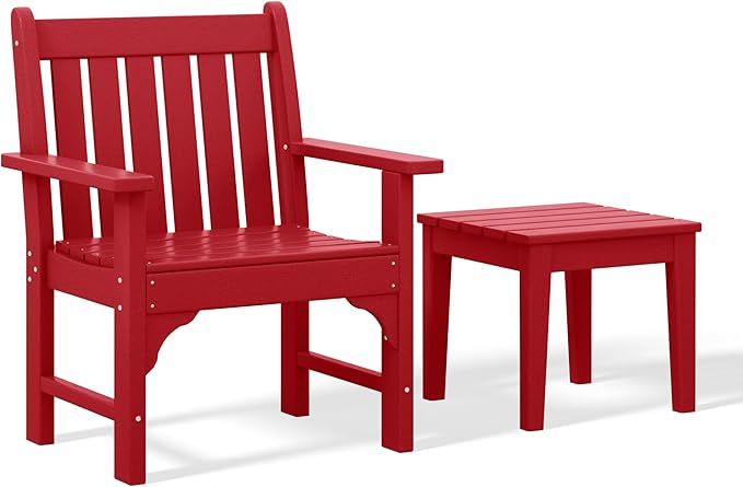 Costaelm Outdoor Patio Table and Chairs Set of 2, 2-Piece HDPE Garden Chair with Square Adirondack Side Table Set, Porch Chairs Coffee Table for Outside Porch Backyard, Red