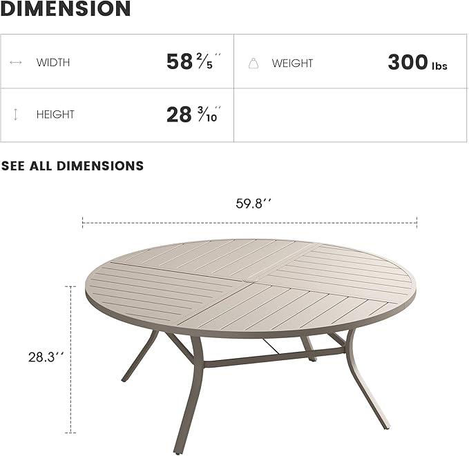 Patio Dining Table for 8-10, Round Metal Outdoor Table with Storage Shelf, 1.57" Umbrella Hole, 60" Outdoor Quartered Tabletop Dining Table for Backyard, Porch, Lawn, Sand