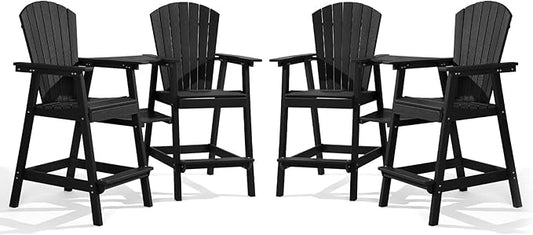 PASAMIC Tall Adirondack Chairs Set of 4, All-Weather HDPE Patio Chairs with Double Connecting Trays, Bar Height Heavy-Duty Outdoor Chairs for Garden, Backyard, Balcony, Black