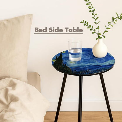 Outdoor Side Table Set of 2 Patio Side Tables for Outside Black End Tables Small Outdoor Table Round Patio End Table Metal Side Table Outside, Indoor, Bedroom, Living Room, Small Spaces, Starry Sky