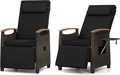 RELAX4LIFE Rattan Outdoor Recliner Chair - Wicker Chaise Lounge Chair w/Adjustable Back & Footrest, Acacia Wood Armrests, Flip Side Table, Cushion, Reclining Patio Chair for Pool Yard (2, Black)