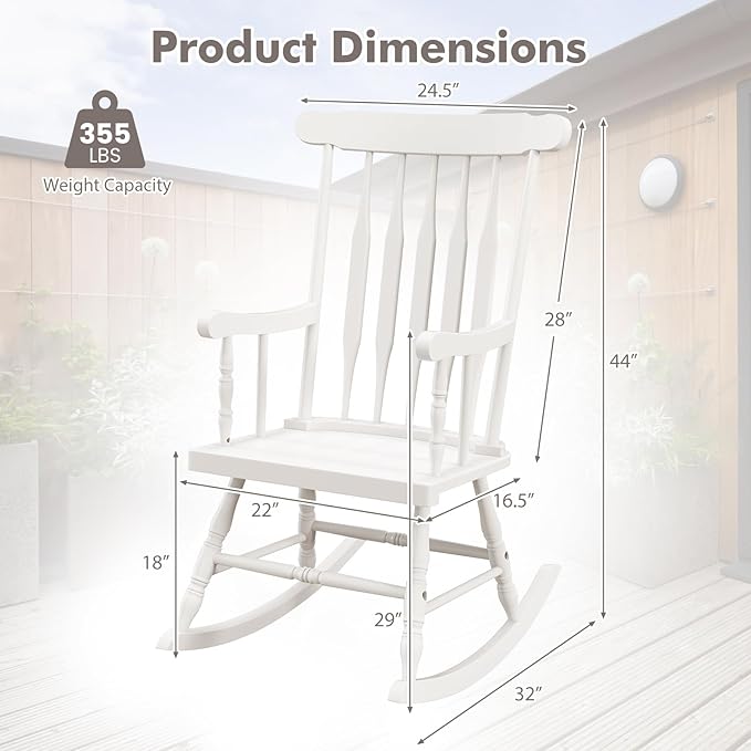 Tangkula Patio Rocking Chair Solid Rubber Wood, Outdoor Porch Rocker Chair with Rubber Wood Frame, Indoor Wooden Rocking Chair, Ideal for Garden, Backyard & Balcony (1, White)