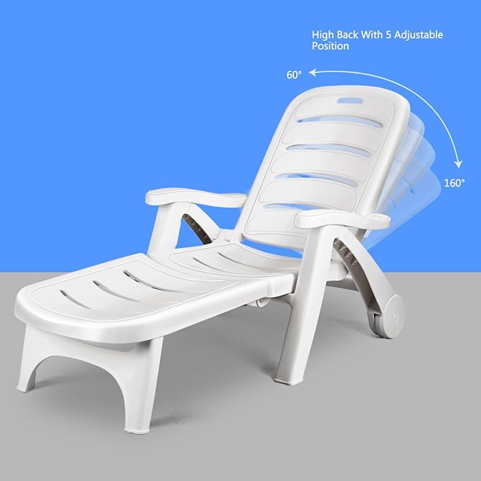 Giantex Folding Lounger Chaise Chair on Wheels Outdoor Patio Deck Chair Adjustable Rolling Lounger 5 Position Recliner w/Armrests (1, White)
