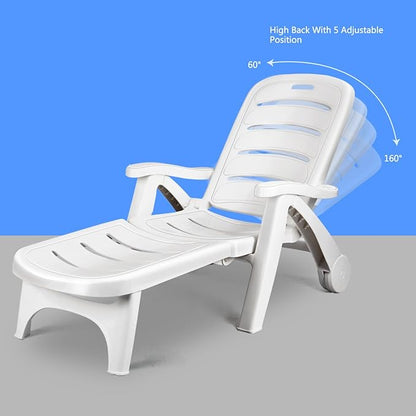 Giantex Folding Lounger Chaise Chair on Wheels Outdoor Patio Deck Chair Adjustable Rolling Lounger 5 Position Recliner w/Armrests (1, White)