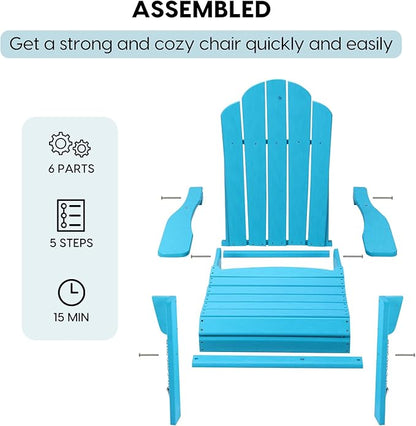 Folding Adirondack Chair, Outdoor Patio Chair Lawn Chair,Weather Resistant for Patio Deck Garden, Backyard, Bonfire& Lawn Furniture Lawn Seating（Blue）