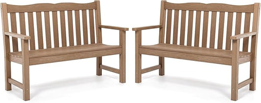 Stoog Outdoor Benches Set of 2, 2-Person Poly Lumber Garden Bench with Real Wood Look, Never Fade & Rust-Proof, All-Weather for Patio, Porch, Deck, and Backyard, Teak