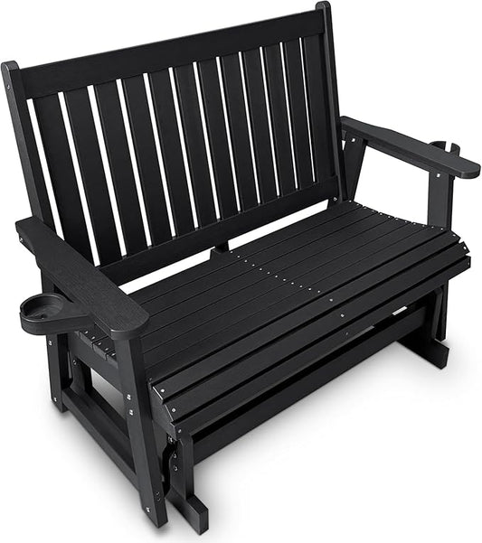 HIPS Patio Glider Two-Seat with Cup Holders, Durable HIPS Material, All-Weather Resistant, High Backrest and Deep Contoured Seat, Heavy Duty 900 LB, for Outdoor, Porch, Patio (Vanta Black)