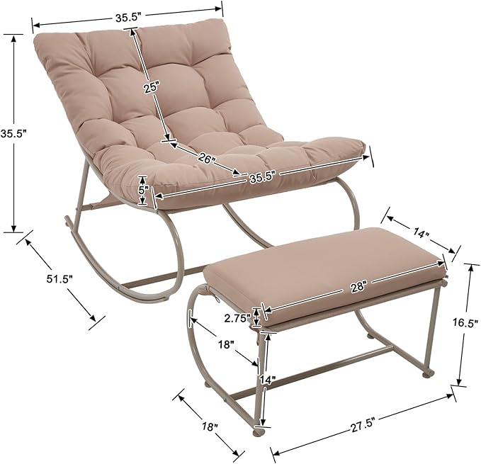 Outdoor Rocking Chairs Set of 2, Modern Papasan Rocking Chairs with Cushions - Photo 2