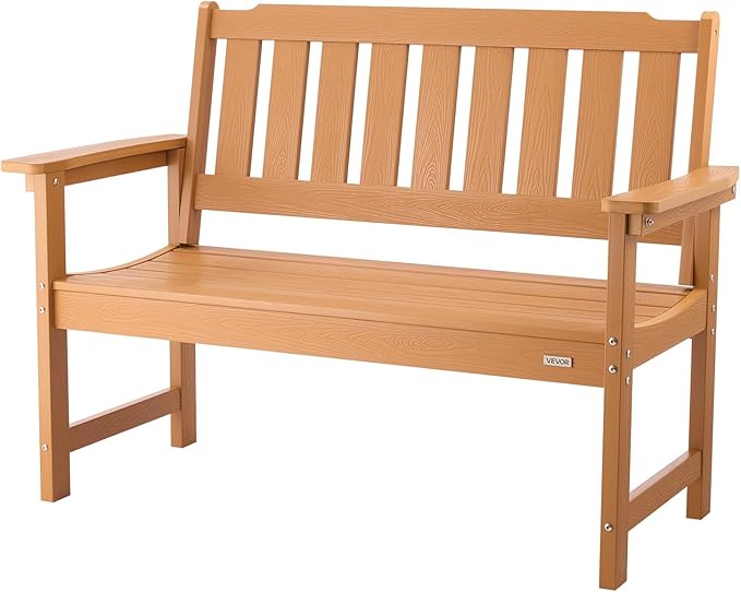 VEVOR Outdoor Bench, 50.5 inch, 800 lbs Weight Capacity for 2-3 Persons, Weatherproof Plastic Frame with Backrest and Wide Armrests, Outside Bench for Patio, Garden, Park, Yard, Natural Wood Color