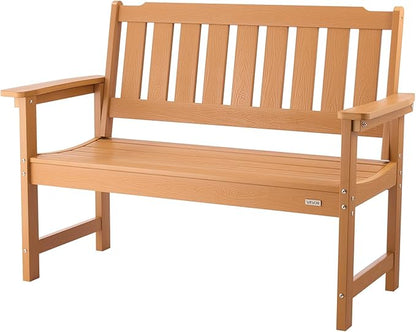 VEVOR Outdoor Bench, 50.5 inch, 800 lbs Weight Capacity for 2-3 Persons, Weatherproof Plastic Frame with Backrest and Wide Armrests, Outside Bench for Patio, Garden, Park, Yard, Natural Wood Color