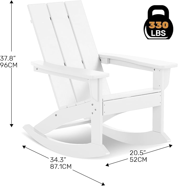 Costaelm Outdoor Adirondack Chair, All Weather Resistant Lawn Chairs Balcony Chair and Fire Pit Chairs, Patio Chair Outdoor Porch Rocking Chair High Back HDPE Poly Lumber, White