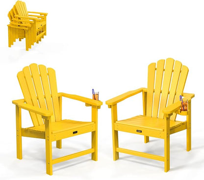 VINGLI Plastic Folding Adirondack Chair with Cup Holder, 100% Recyclable HDPE Material, 380lb Weight Capacity for Outdoor Pool Patio Lounge Chair Lawn Furniture Fire Pit, 2 Pack, Lemon Yellow