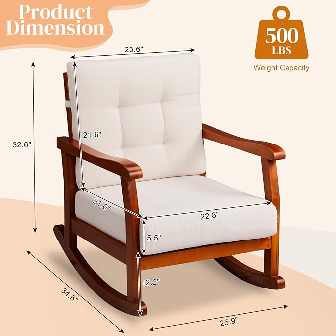 Outdoor Wood Rocking Chair with Detachable Cushions - Photo 2
