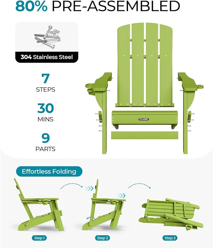 Folding Adirondack Chair, HDPE All-Weather Fire Pit Chairs, Plastic Adirondack Chairs with 2 Cup Holder, Outdoor Lawn Chair for Patio Garden (Light Green)