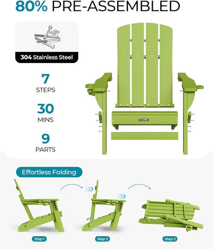 Folding Adirondack Chair, HDPE All-Weather Fire Pit Chairs, Plastic Adirondack Chairs with 2 Cup Holder, Outdoor Lawn Chair for Patio Garden (Light Green)