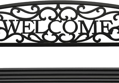 amopacorp 50" Outdoor Iron Bench for Patio Metal Garden Bench w/PVC Welcome Back Pattern, Steel Black Outdoor Welcome Bench Park Bench Porch for Yard Lawn Decor Deck Entryway