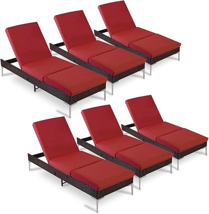 HOMREST Outdoor Lounge Chairs Set of 6, Patio Wicker Chaise Lounge with Removable Cushion, Rattan Pool Sunbathing Recliners with Adjustable Backrest (Burgundy)