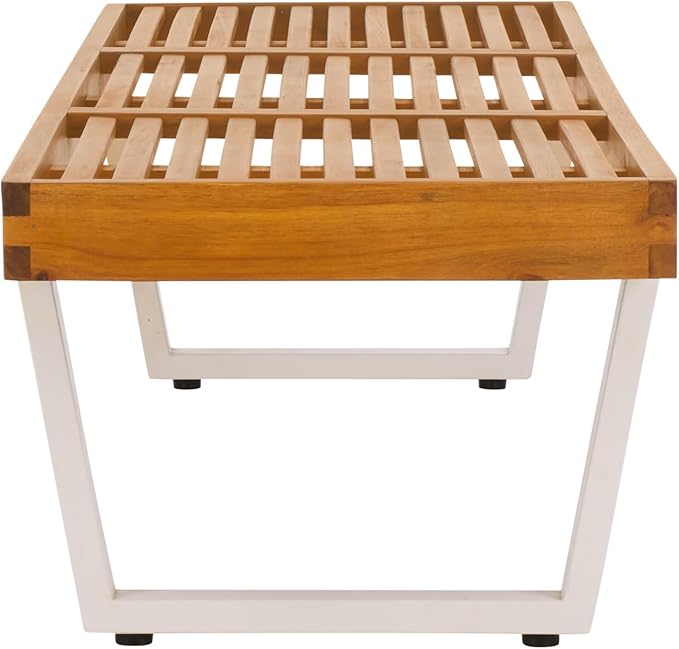 SAFAVIEH Outdoor Patio Furniture Collection – Heather Natural Brown Solid Wood Patio Bench with White Steel Legs, 72-Inch Modern Outdoor Seating for Garden, Porch or Patio (PAT7327A)