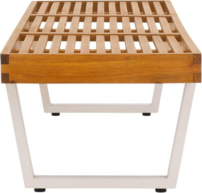 SAFAVIEH Outdoor Patio Furniture Collection – Heather Natural Brown Solid Wood Patio Bench with White Steel Legs, 72-Inch Modern Outdoor Seating for Garden, Porch or Patio (PAT7327A)