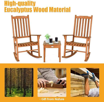 Giantex 3 Piece Patio Rocking Chair Set, Outdoor Wood Conversation Set w/ 2 Rockers & 1 Coffee Table, Eucalyptus Wooden Rocking Bistro Set for Backyard Porch Poolside Lawn