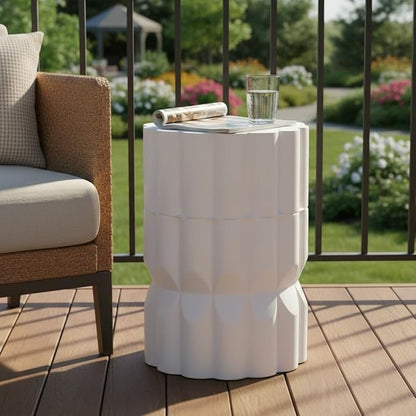 Christopher Knight Home Ella Lightweight Modern Concrete Outdoor Side Table, Patio End Table with Geometric Stacked Design, MGO Outdoor Coffee Table, No Assembly Garden Plant Stand Indoor, White