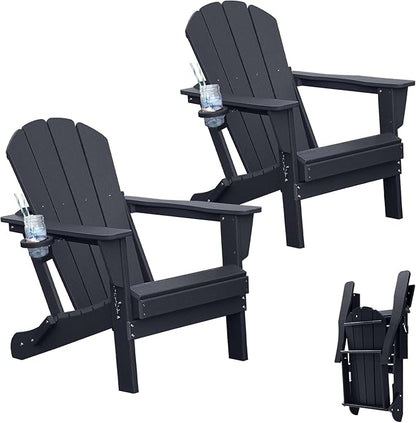 GOWE Adirondack Chairs Set of 2, Plastic Adirondack Chair, Adirondack Chairs, HDPE Adirondack Chair, Folding Adirondack Chairs, Outdoor Chairs with Cup Holder for Lawn Patio Deck Fire Pit -Black