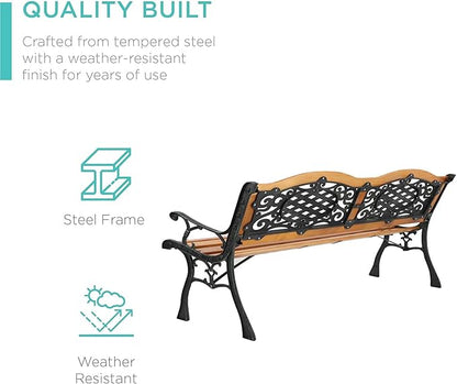 LICOME 49" Garden Bench Outdoor Bench Patio Bench,Cast Iron Metal Frame Patio Park Bench with Floral Pattern Backrest,Arch Legs for Porch,Lawn,Yard(Style1)