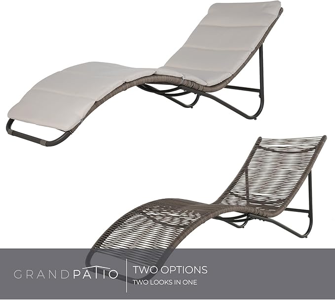 Grand patio Outdoor Chaise Lounge Sunbathing Chair Arc Lounger with Wicker Cushion Multipurpose Lounge Chair for Poolside, Tan