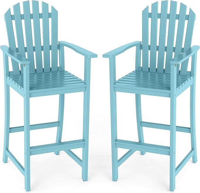 Tangkula Tall Adirondack Chair, Outdoor Acacia Wood Bar Stool with Back, Armrests and Footrest, Bar Height Patio Chair for Balcony, Porch, Deck and Backyard (2,Turquoise)