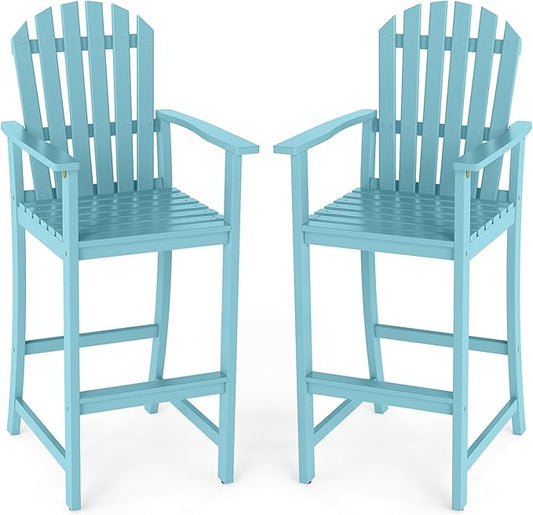 Tangkula Tall Adirondack Chair, Outdoor Acacia Wood Bar Stool with Back, Armrests and Footrest, Bar Height Patio Chair for Balcony, Porch, Deck and Backyard (2,Turquoise)